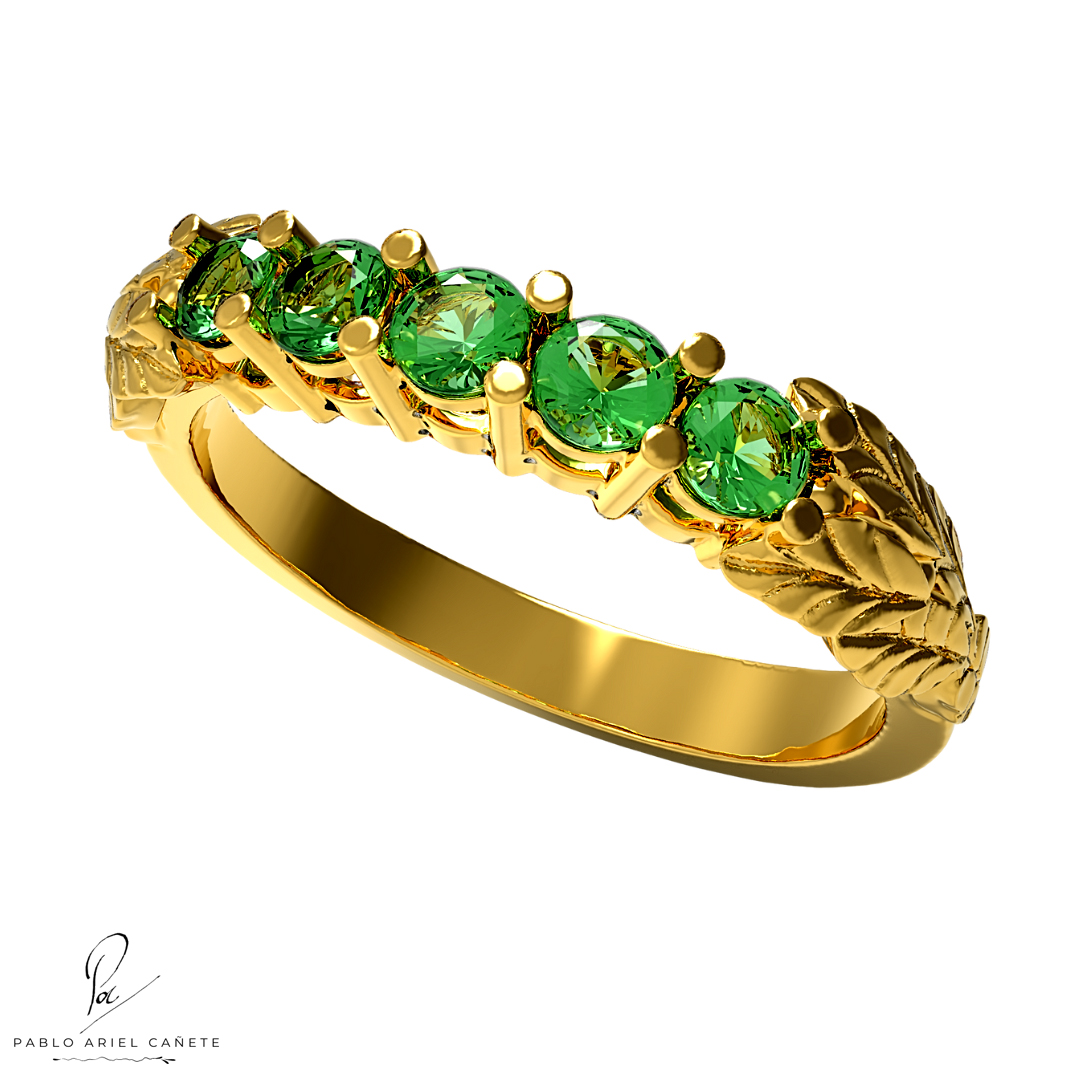 Anillo de compromiso con esmeraldas de 2.5 mm en oro amarillo 18k hojas de ficus www.pabloarielcanete.com Anillo de compromiso con esmeraldas de 2.5 mm en oro amarillo 18k hojas de ficus www.pabloarielcanete.com