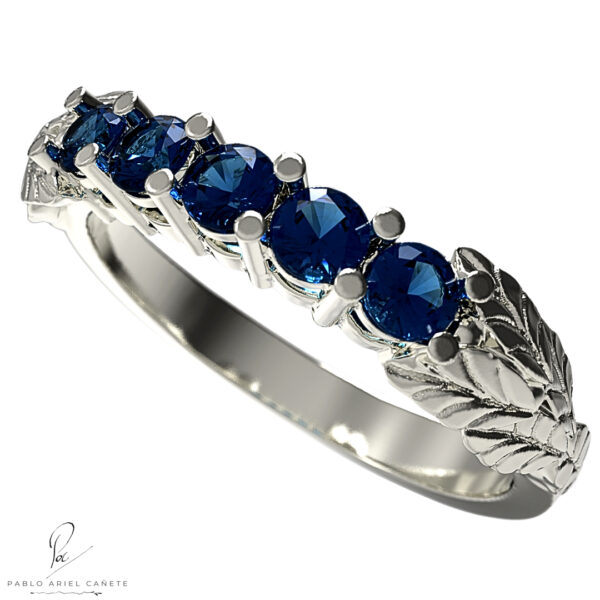 Anillo de compromiso con Zafiros Naturales de 2.5 mm plata 925 Maciza punzonada hojas de ficus www.pabloarielcanete.com
