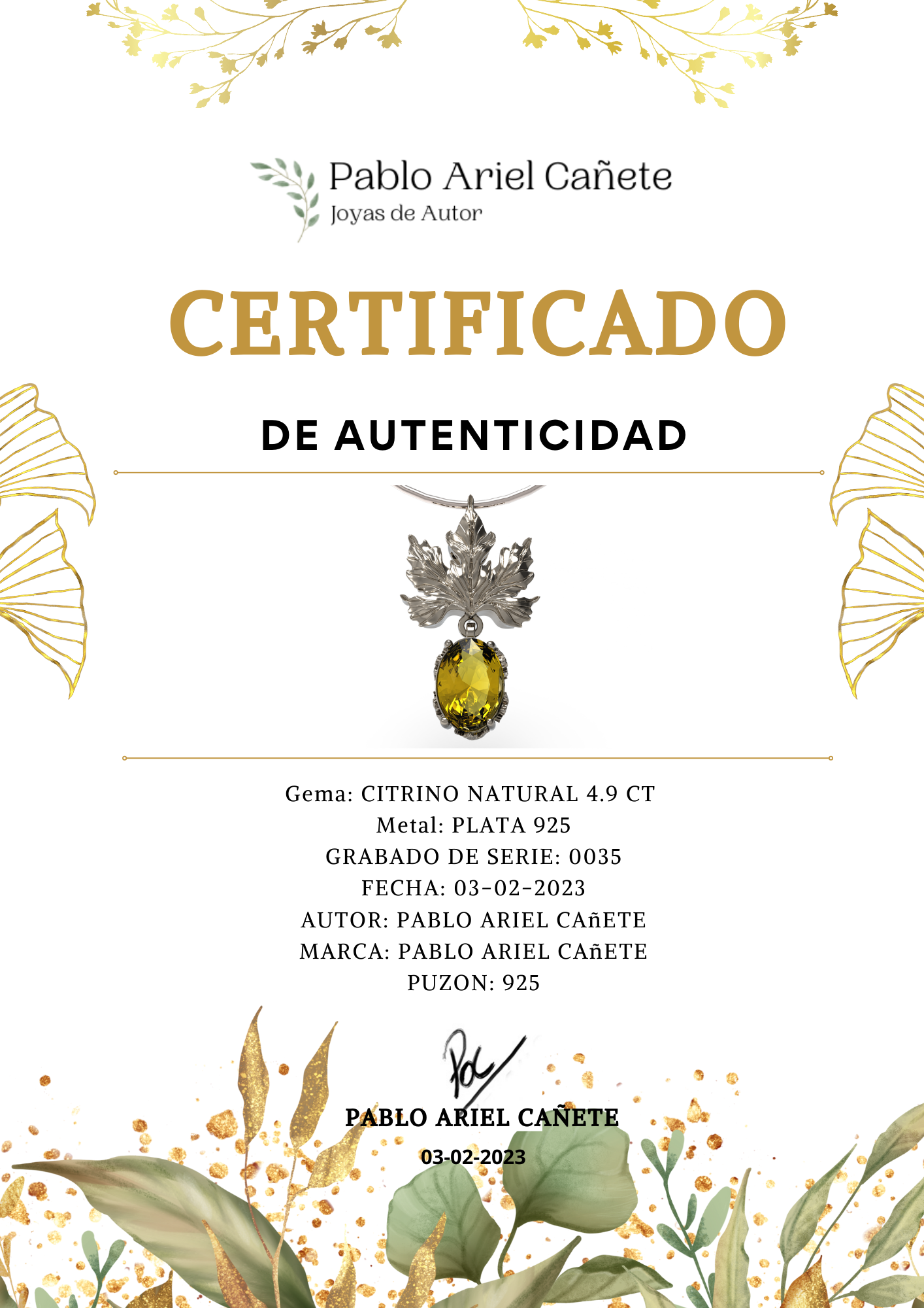 Certificado de Autenticidad de Pablo Ariel Cañete JOyas de Autor
www.pabloarielcanete.com