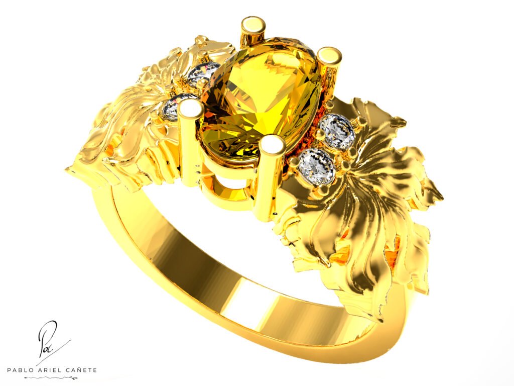 Anillo De Hoja de Parra en Oro con Citrino Central Oval y Brillantes Laterales www.pabloarielcanete.com