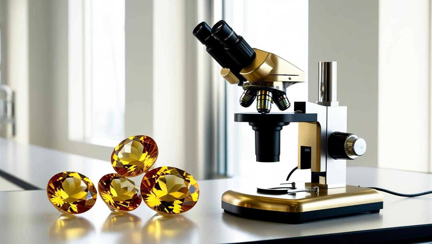 Citrino con microscopio trinocular color dorado Microscopio trinocular listo para analizar citrinos y saber sus propiedades gemologicas www.pabloarielcanete.com