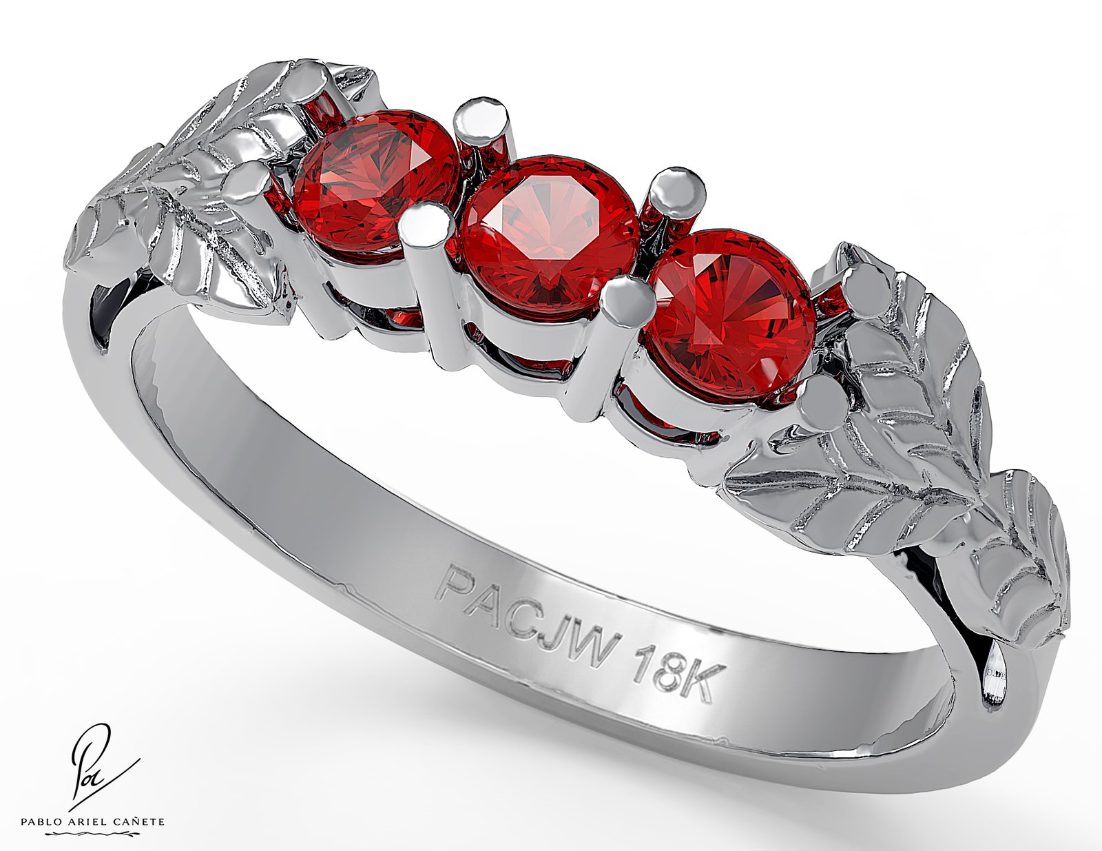 Anillo Compromiso Tresillo Hojas Ficus en Oro Blanco 18k con Rubies www.pabloarielcanete.com