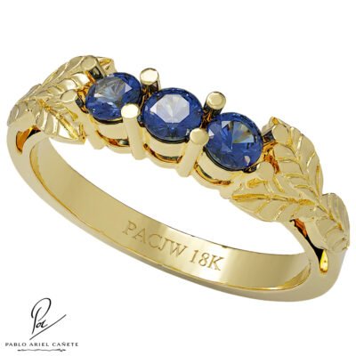 Anillo de Oro Tresillo Ficus Amarillo 18k con Zafiro www.pabloarielcanete.com