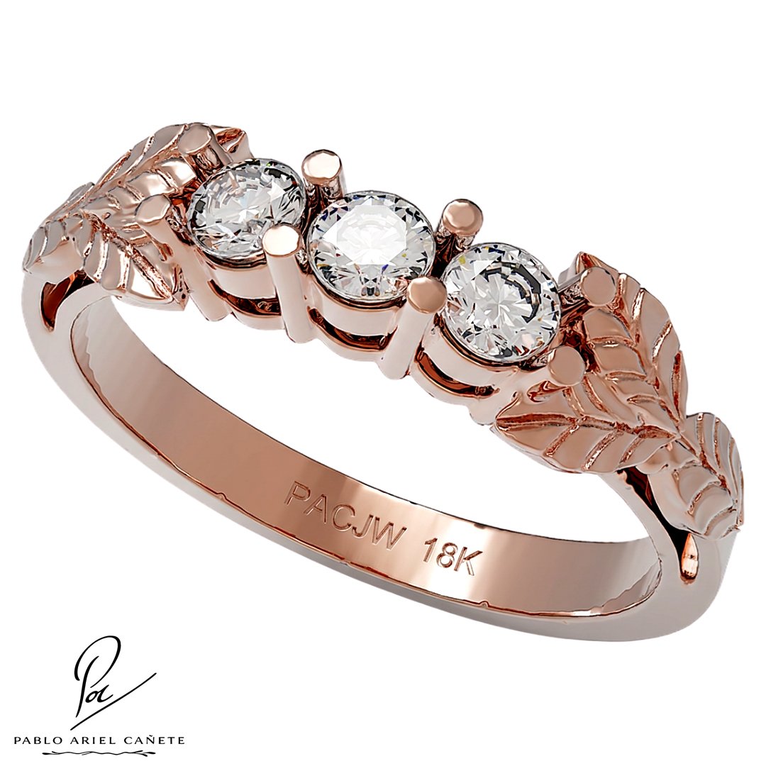 Anillo de compromiso Tresillo en Oro Rojo con Brillantes hojas de ficus www.pabloarielcanete.com Anillo de Oro Tresillo Ficus Rojo 18k con Brillantes www.pabloarielcanete.com