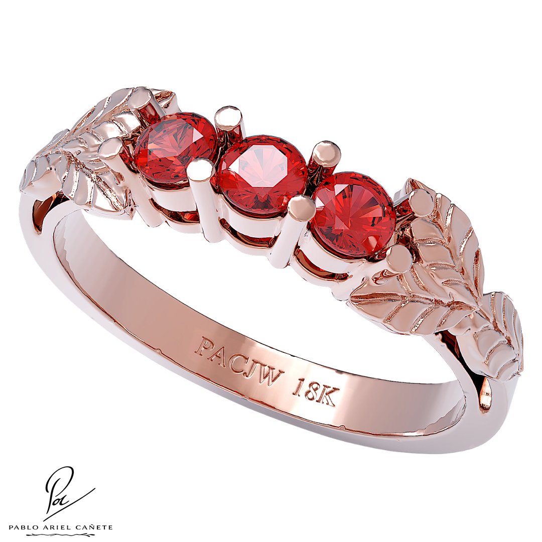 Anillo de compromiso Tresillo en Oro Rojo con Rubíes hojas de ficus www.pabloarielcanete.com Anillo de Oro Tresillo Ficus Rojo 18k con Rubies www.pabloarielcanete.com