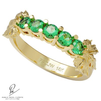 Anillo Botánico Quintillo Coleccion Hoja de Vid Oro Amarillo 18k Esmeralda 2.5mm www.pabloarielcanete.com
