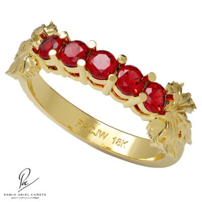 Anillo Botánico Quintillo Coleccion Hoja de Vid Oro Amarillo 18k Rubíes 2.5mm www.pabloarielcanete.com