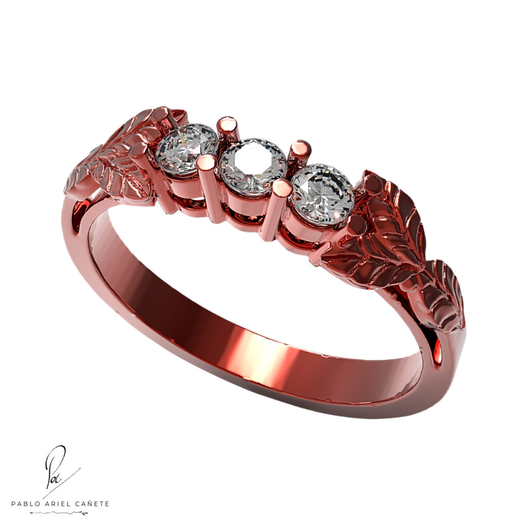 Anillo de compromiso Tresillo en Oro Rojo con Brillantes hojas de ficus www.pabloarielcanete.com