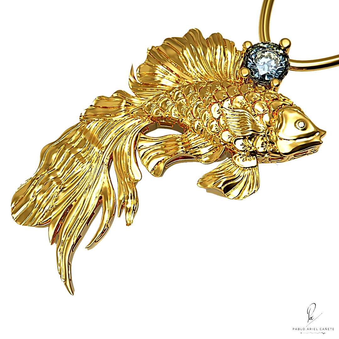 Dije de Pez Koi en oro amarillo 18k con gema topacio y brillante con cadena www.pabloarielcanete.com Dije de Pez Koi en oro amarillo 18k con gema topacio y brillante con cadena www.pabloarielcanete.com