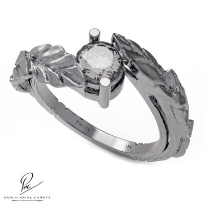 Anillo Botánico de compromiso hojas de ficus en oro Blanco 18k con Brillante natural 5mm www.pabloarielcanete.com