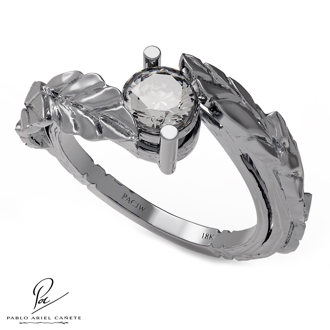 Anillo Botánico de compromiso hojas de ficus en oro Blanco 18k con Brillante natural 5mm www.pabloarielcanete.com
