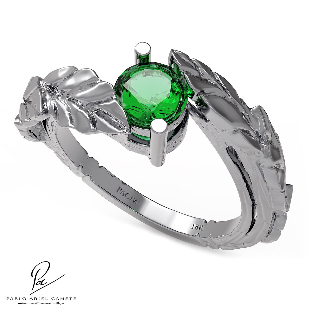 Anillo Botánico de compromiso hojas de ficus en oro Blanco 18k Anillo Botánico de compromiso hojas de ficus en oro Blanco 18k con Esmeralda natural 5mm www.pabloarielcanete.com