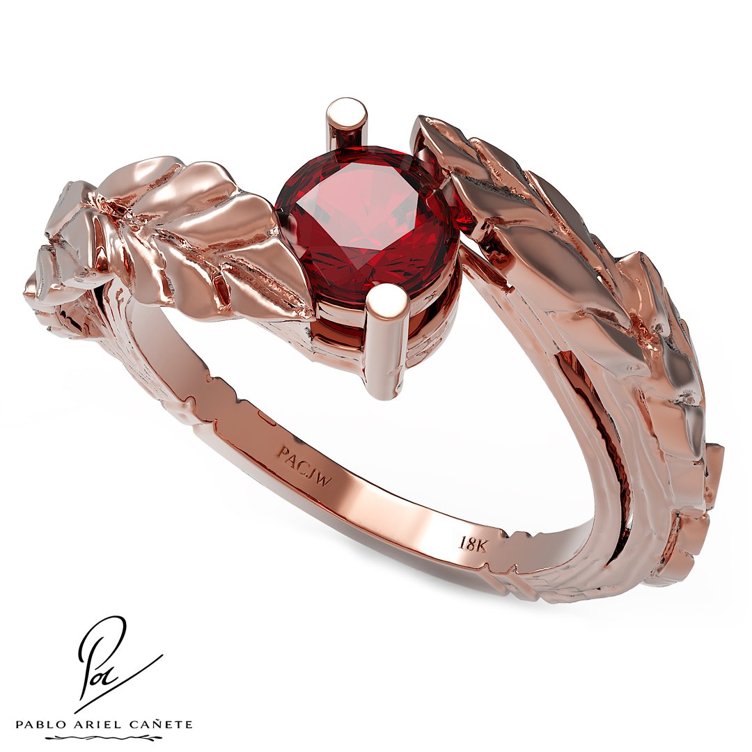 Anillo Botánico de compromiso hojas de ficus en oro Rojo 18k con Rubí natural 5mm www.pabloarielcanete.com