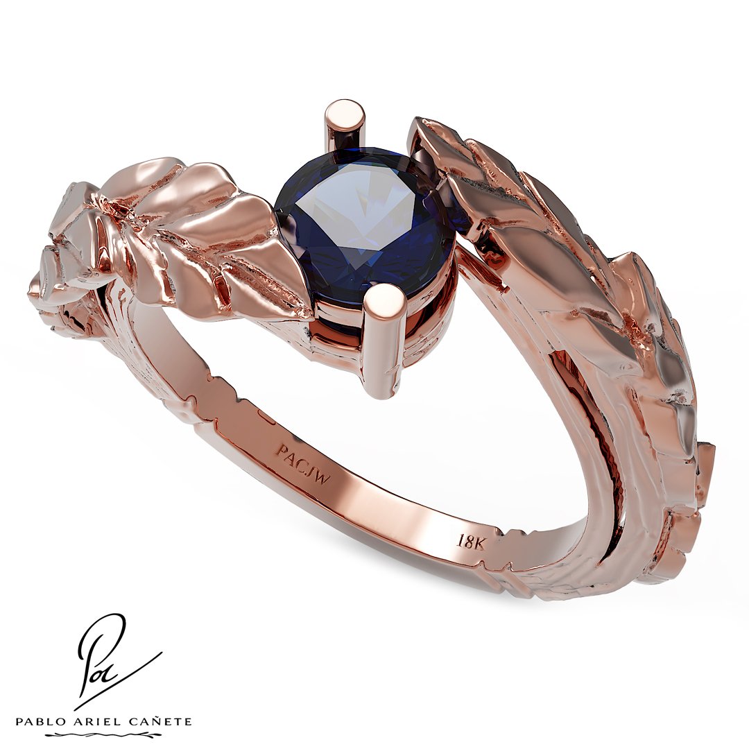 Anillo Botánico de compromiso hojas de ficus en oro Rojo 18k con zafiro natural 5mm www.pabloarielcanete.com