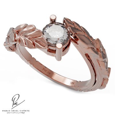 Anillo Botánico de compromiso hojas de ficus en oro Rojo 18k con Brillante natural 5mm www.pabloarielcanete.com