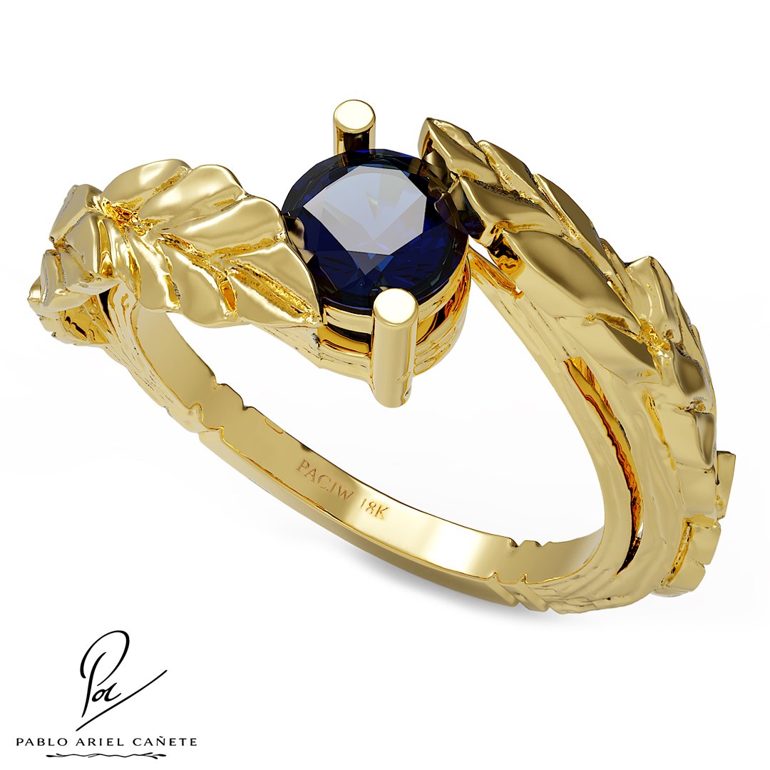 Anillo Botánico de compromiso hojas de ficus en oro 18k con Zafiro natural 5mm www.pabloarielcanete.com