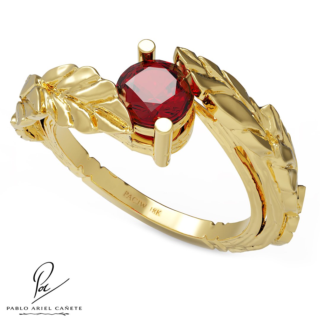 Anillo Botánico de compromiso hojas de ficus en oro Rubí 18k con Esmeralda natural 5mm www.pabloarielcanete.com