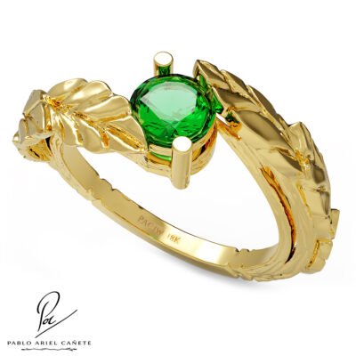 Anillo Botánico de compromiso hojas de ficus en oro amarillo 18k con Esmeralda natural 5mm www.pabloarielcanete.com