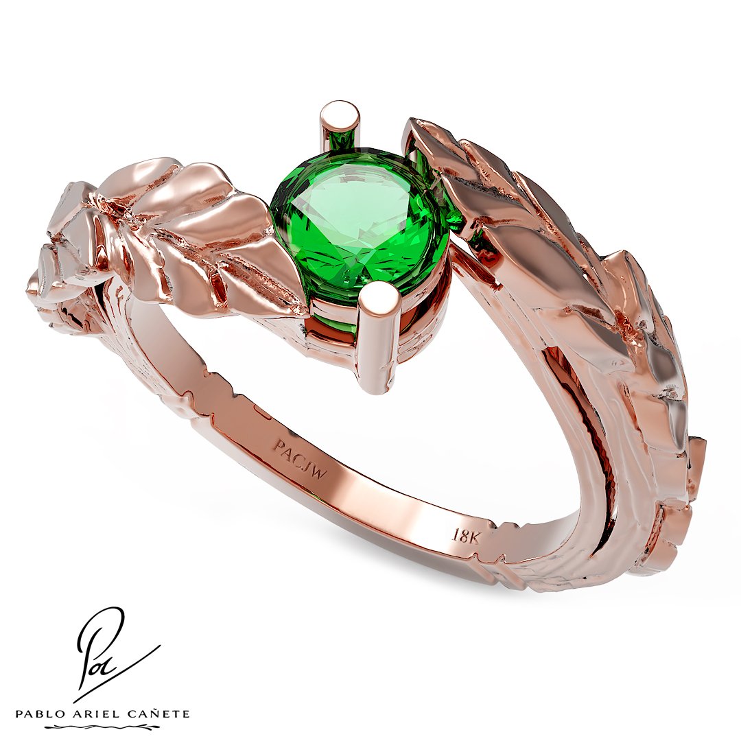 Anillo Botánico de compromiso hojas de ficus en oro Rojo 18k con esmeralda natural 5mm www.pabloarielcanete.com