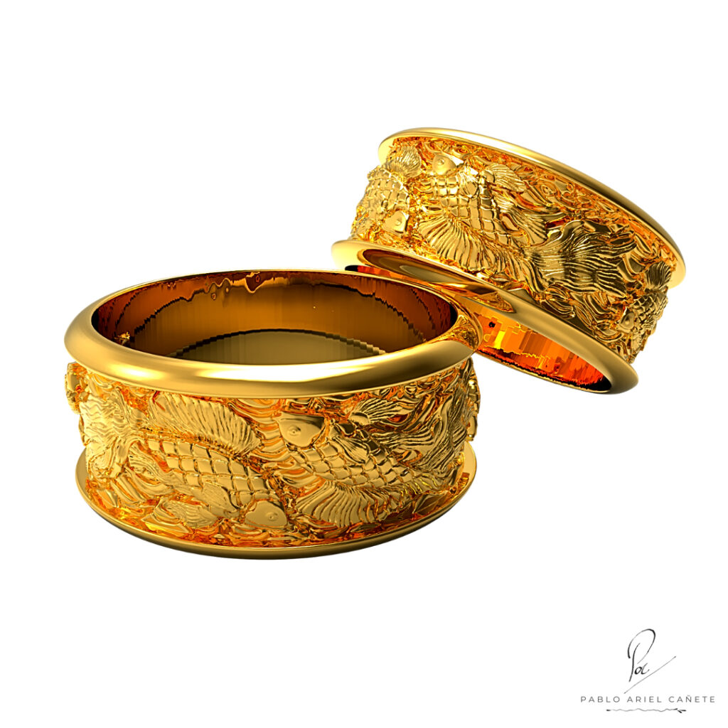 alianzas oro amarillo 18k con esculturas peces koi macizas www.pabloarielcanete.com