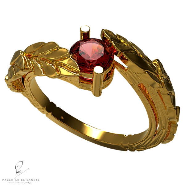 anillo de bodas en oro amarillo 18k con Granate natural hojas de ficus solitario www.pabloarielcanete.com