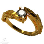 anillo de compromiso o bodas en oro amarillo 18k con brillante natural hojas de ficus solitario www.pabloarielcanete.com