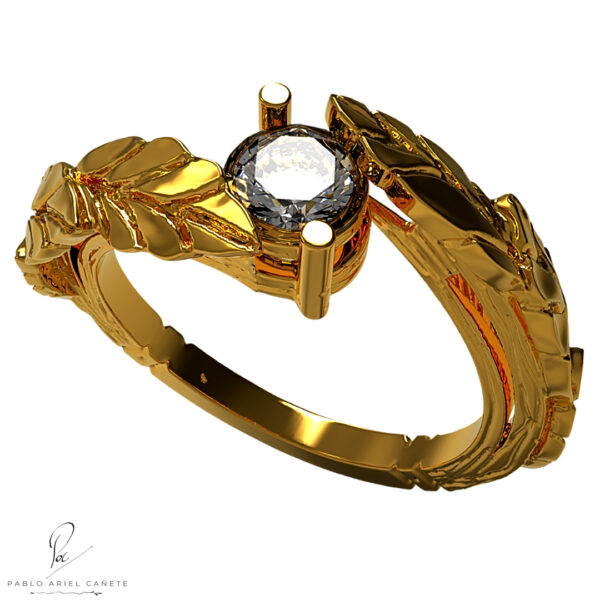 anillo de compromiso o bodas en oro amarillo 18k con brillante natural hojas de ficus solitario www.pabloarielcanete.com