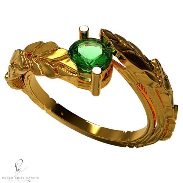 anillo de bodas en oro amarillo 18k con esmeralda natural hojas de ficus solitario www.pabloarielcanete.com