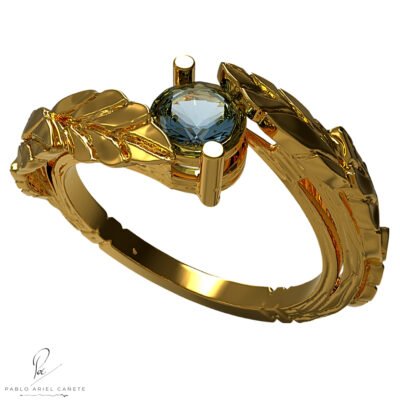 anillo de bodas en oro amarillo 18k con zafiro natural hojas de ficus solitario www.pabloarielcanete.com