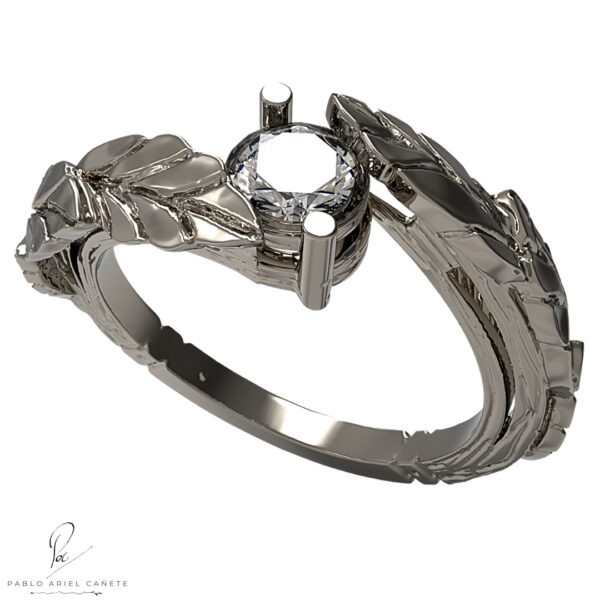 anillo de bodas en oro blancco 18k con brillante natural hojas de ficus solitario www.pabloarielcanete.com