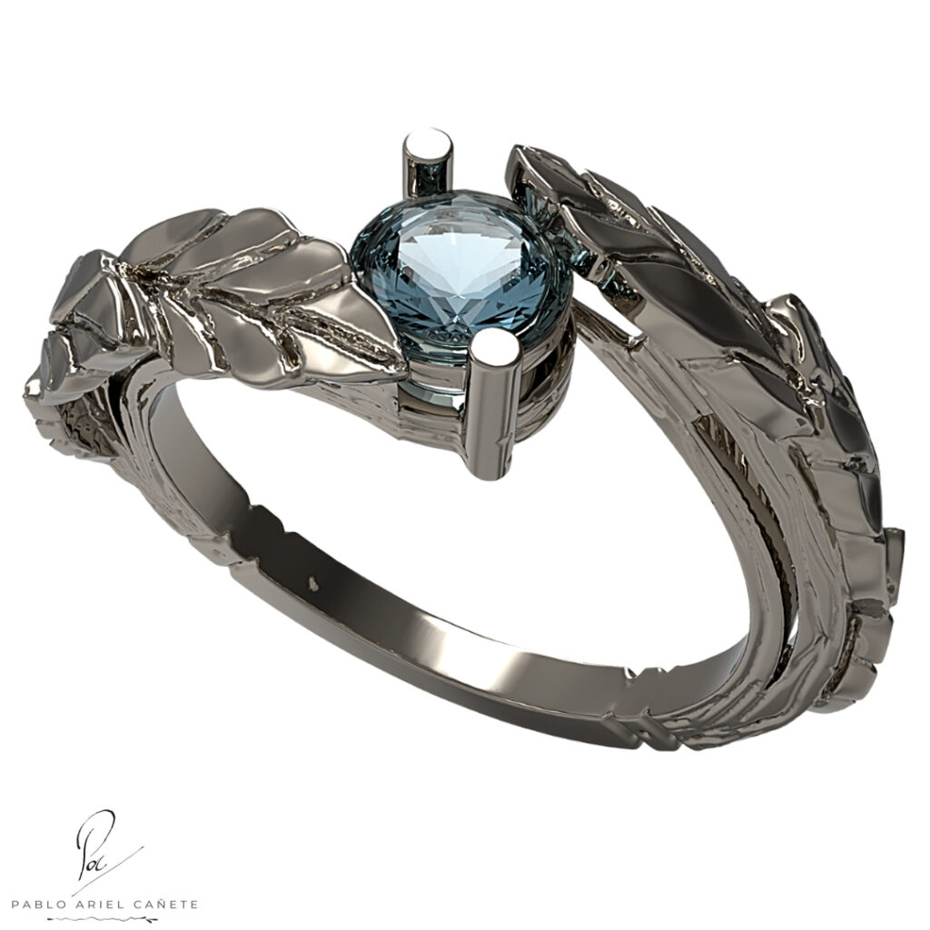 anillo de bodas en oro blancco 18k con brillante natural hojas de ficus solitario www.pabloarielcanete.com
