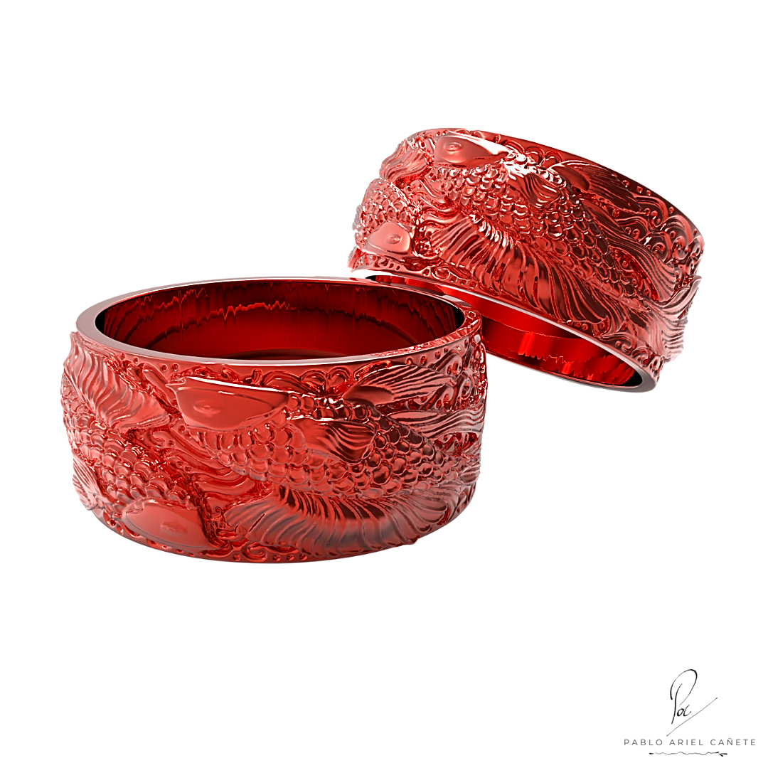 alianzas oro Rojo 18k con esculturas peces koi macizas www.pabloarielcanete.com Alianzas de pez Koi Modelo numero 2 oro rojo 18k www.pabloarielcanete.com