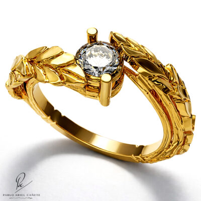 Anillo de compromiso hojas de ficus en oro amarillo 18k con brillante natural www.pabloarielcanete.com