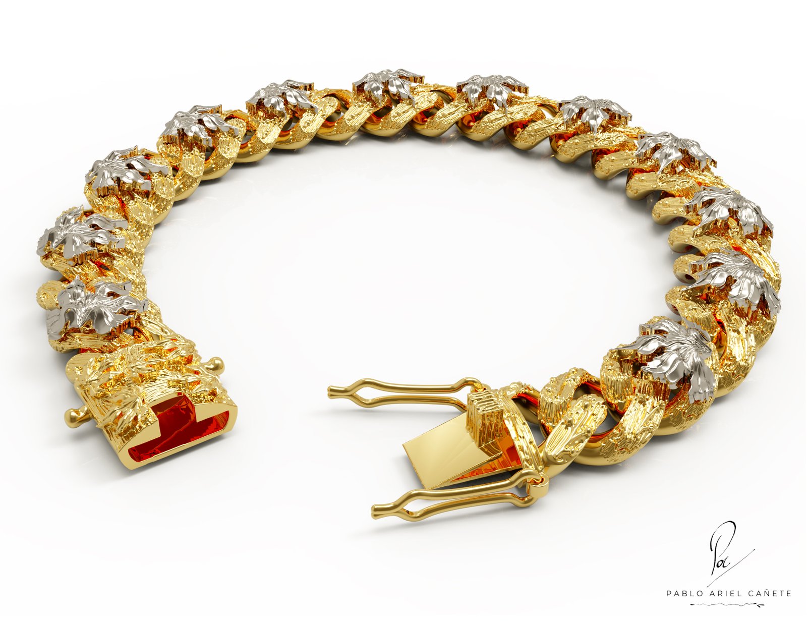 Pulsera de oro amarillo 18k y oro blanco 18k con sistema de Cierre Hojas de Vid www.pabloarielcanete.com Pulsera de oro amarillo 18k y oro blanco 18k con sistema de Cierre Hojas de Vid www.pabloarielcanete.com