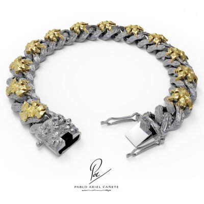 Pulsera de Oro 18k Coleccion Hojas de Parra en Oro Blanco 18k con detalles de Hojas en Amarillo 18k Completa www.pabloarielcanete.com