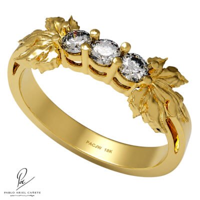 Anillo Compromiso en Oro Amarillo 18k con Brillantes 2.5mm colección Hojas de Vid www.pabloarielcanete.com