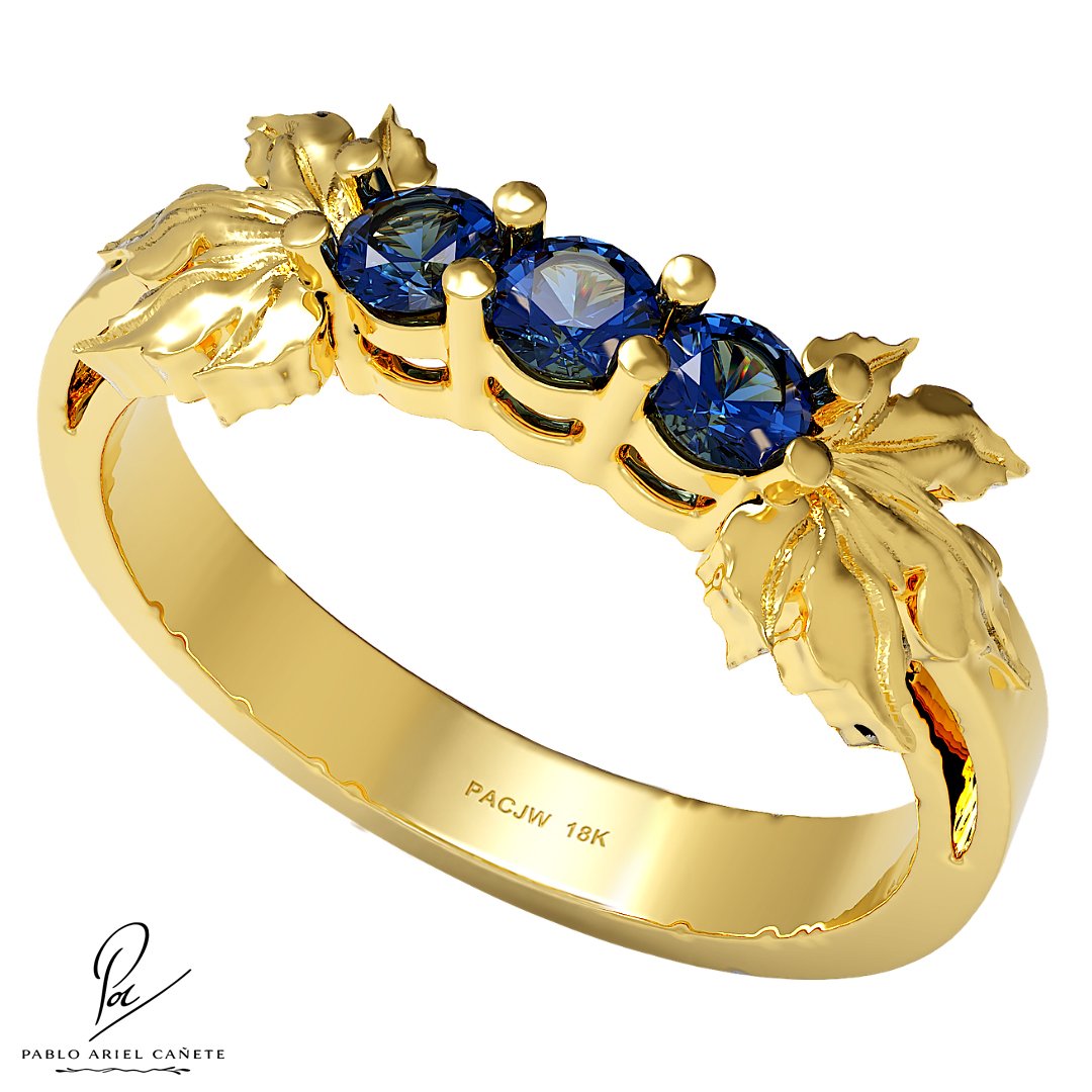 Anillo Compromiso en Oro Amarillo 18k con Zafiros 2.5mm colección Hojas de Vid www.pabloarielcanete.com