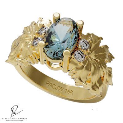 Anillo Hoja de Parra con Oro amarillo18k brillantes y topacio con sello y firma www.pabloarielcanete.com
