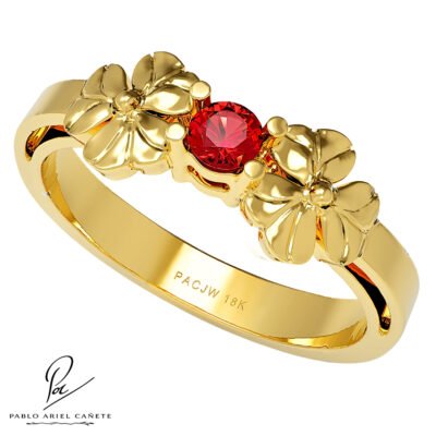 Anillo Botánico Solitario Coleccion Hojas de Trébol en Oro Amarillo 18k con Rubí de 2.5 mm www.pabloarielcanete.com