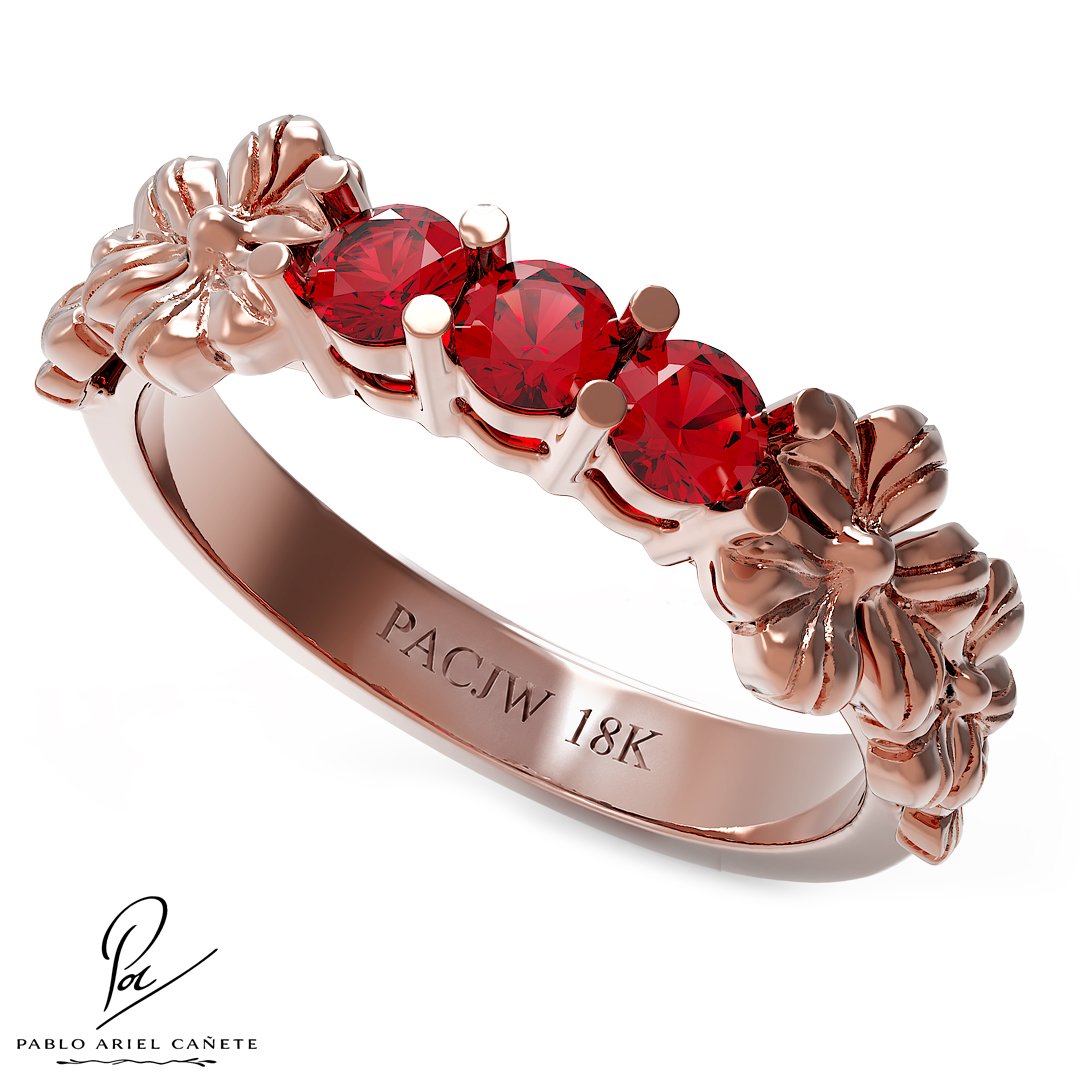 Anillo Botánico Tresillo Coleccion Hojas de Trébol Oro Rojo 18k Rubíes 2.5mm www.pabloarielcanete.com