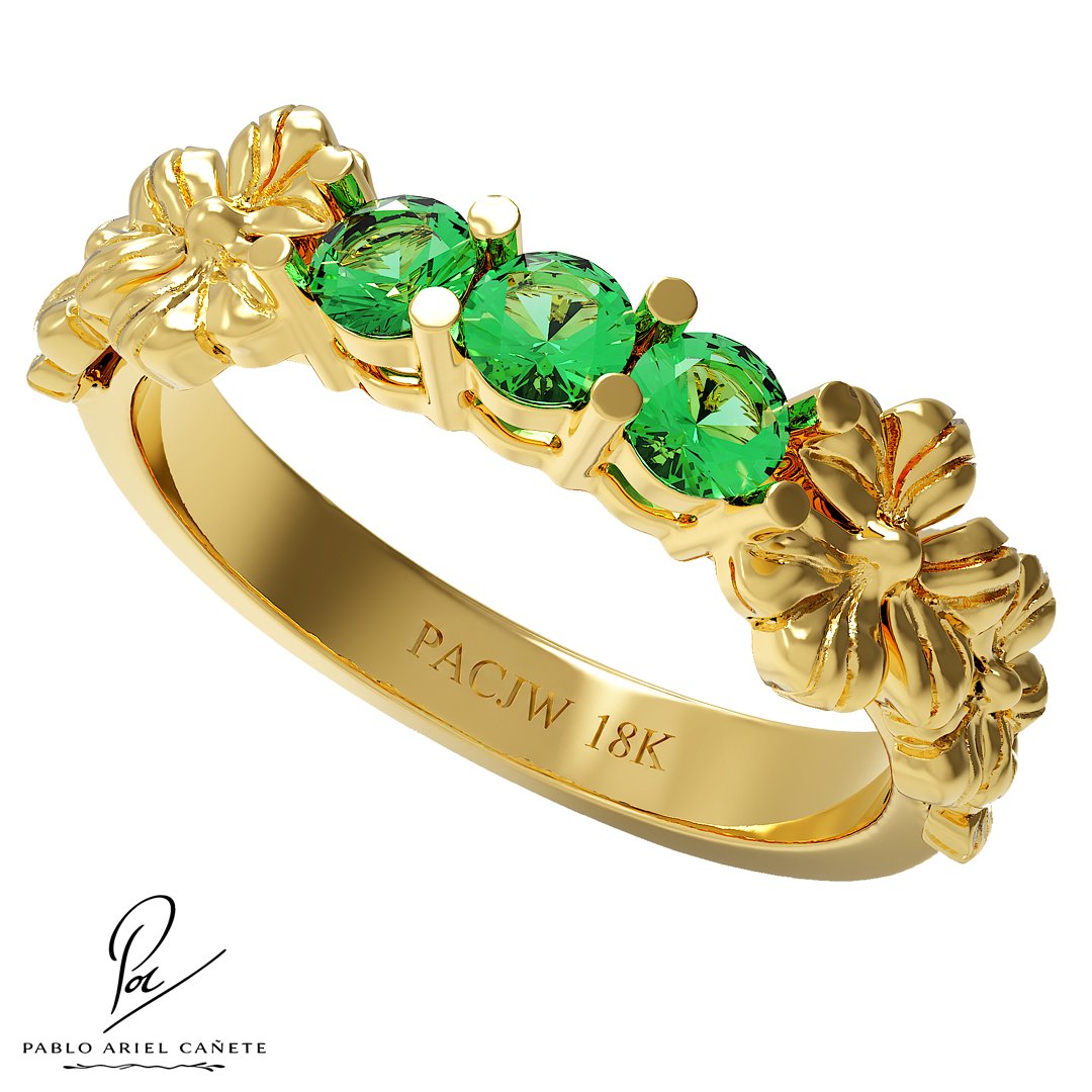 Anillo Botánico Tresillo Coleccion Hojas de Trébol Oro Amarillo 18k Esmeraldas 2.5mm www.pabloarielcanete.com
