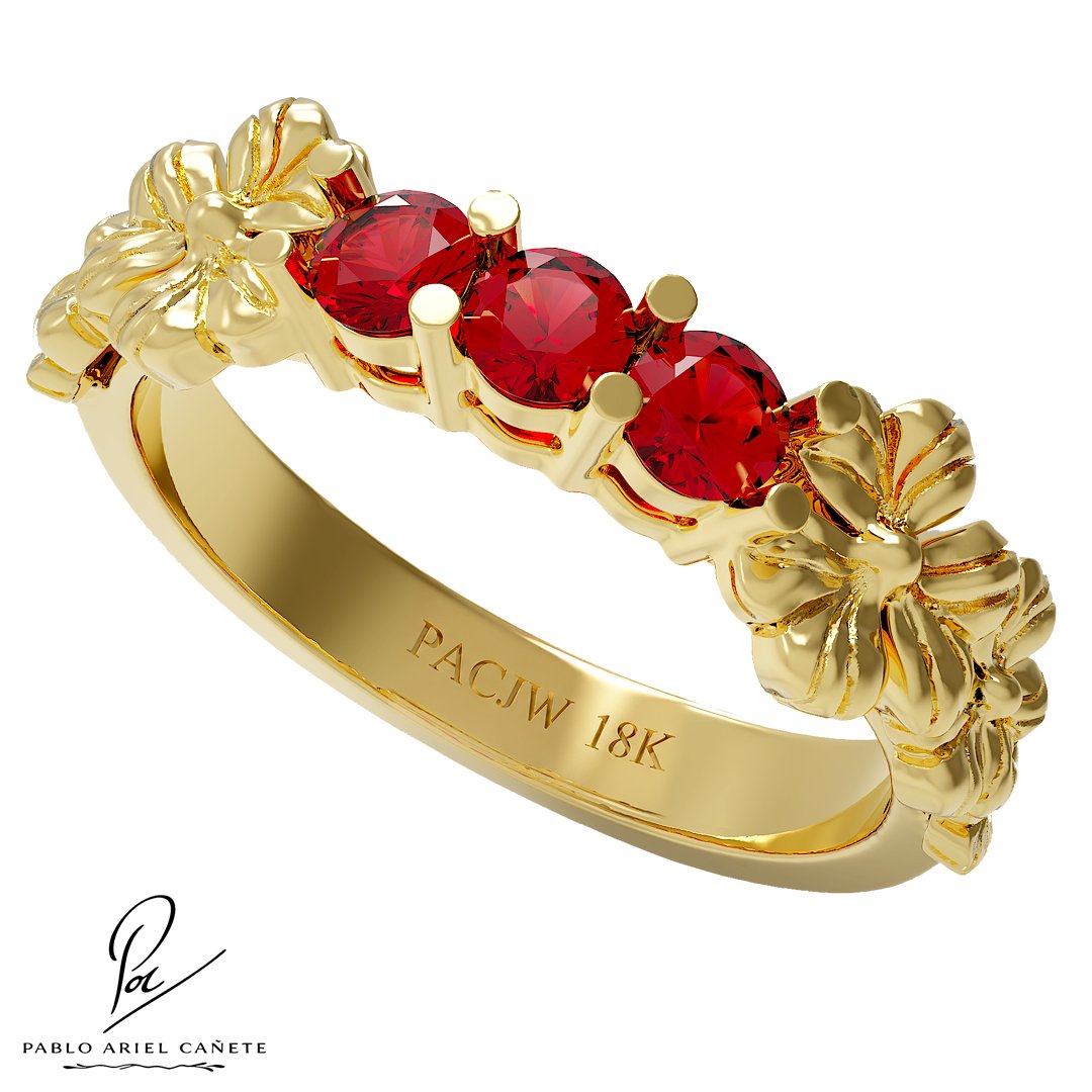 Anillo Botánico Tresillo Coleccion Hojas de Trébol Oro Amarillo 18k Rubíes 2.5mm www.pabloarielcanete.com