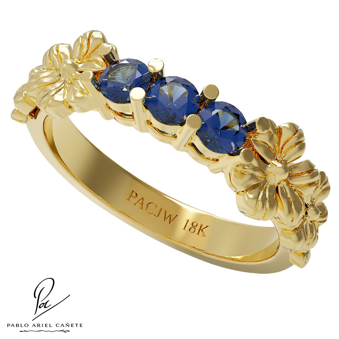 Anillo Botánico Tresillo Coleccion Hojas de Trébol Oro Amarillo 18k Zafiros 2.5mm www.pabloarielcanete.com
