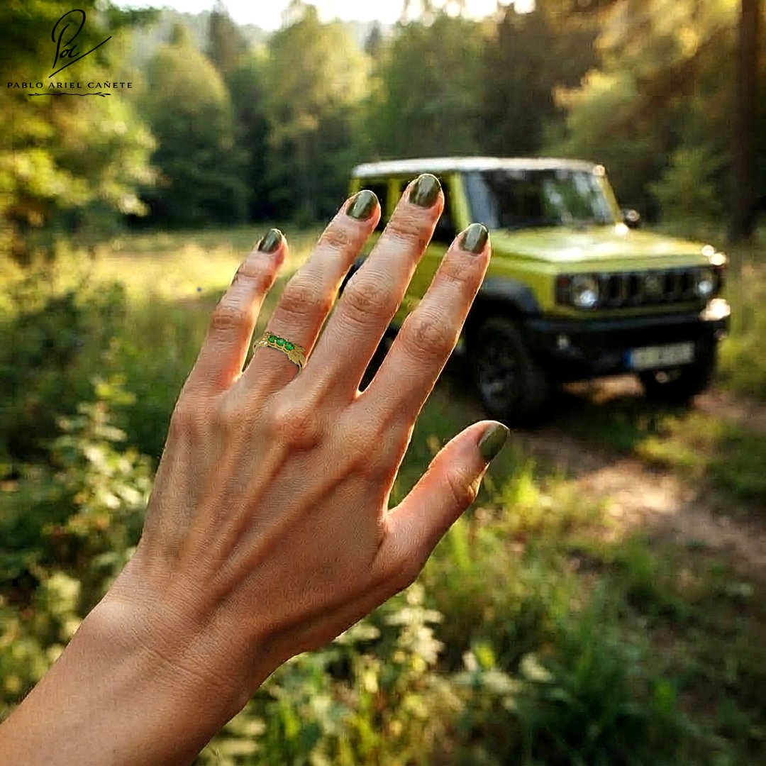 Anillo de Compromiso Quintillo Hojas de parra con 5 Brillantes de 2.5 mm Oro Amarillo 18k www.pabloarielcanete.com Mujer Estilo boho Indie Folk con Susuki Jimy de Fondo y Anillo de oro con Hojas de vid www.pabloarielcanete.com