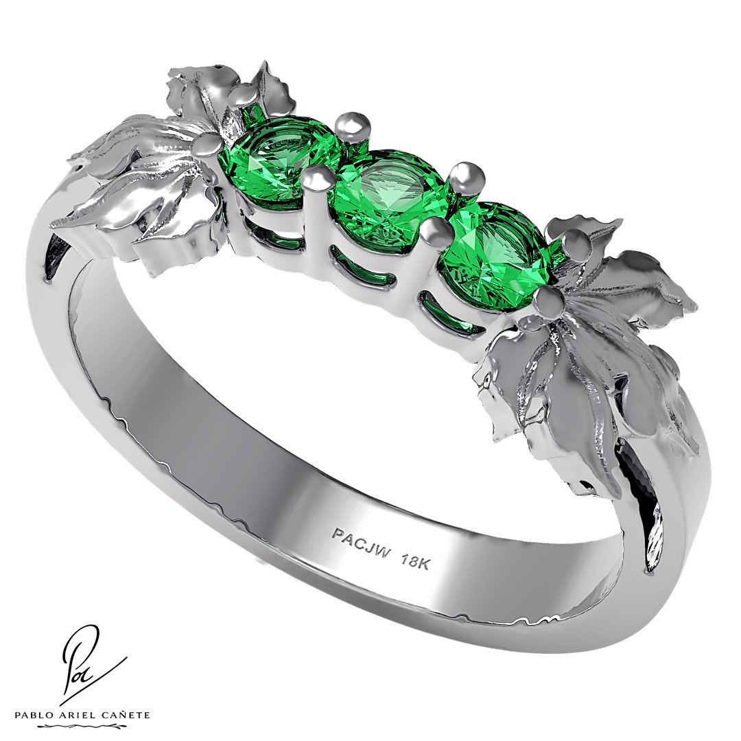 Anillo Compromiso en Oro Blanco 18k con Esmeraldas 2.5mm colección Hojas de Vid www.pabloarielcanete.com