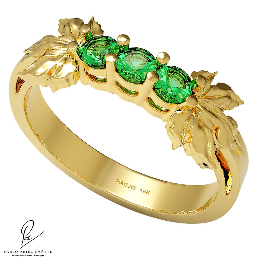 Anillo Compromiso en Oro Amarillo 18k con Esmeraldas 2.5mm colección Hojas de Vid www.pabloarielcanete.com