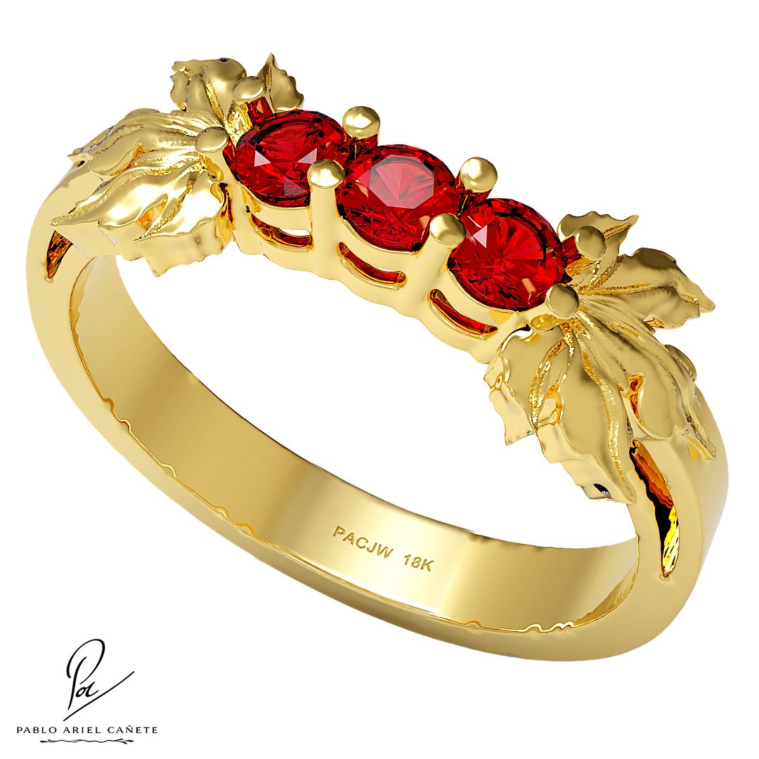 Anillo Compromiso en Oro Amarillo 18k con Rubies 2.5mm colección Hojas de Vid www.pabloarielcanete.com