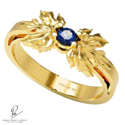 Solitario Coleccion Hojas de parra en Oro Amarillo 18k con Zafiro 2.5mm www.pabloarielcanete.com