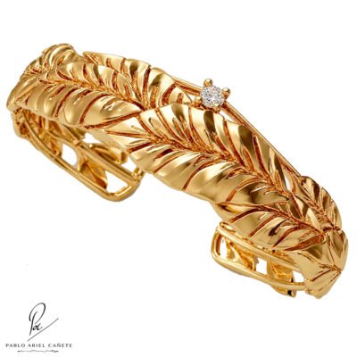 Pulsera Esclava Coleccion Hojas de Ficus en Oro Amarillo 18k Con Brillante Natural de 4 mm www.pabloarielcanete.com